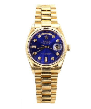 Rolex Day-Date 36mm 18038 Night Blue Diamond Dial 18K Gold Watch – Assay Jewelers