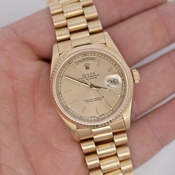 Rolex Daydate 36mm 18K Gold Fluted Bezel Champagne Tapestry Presidential Watch