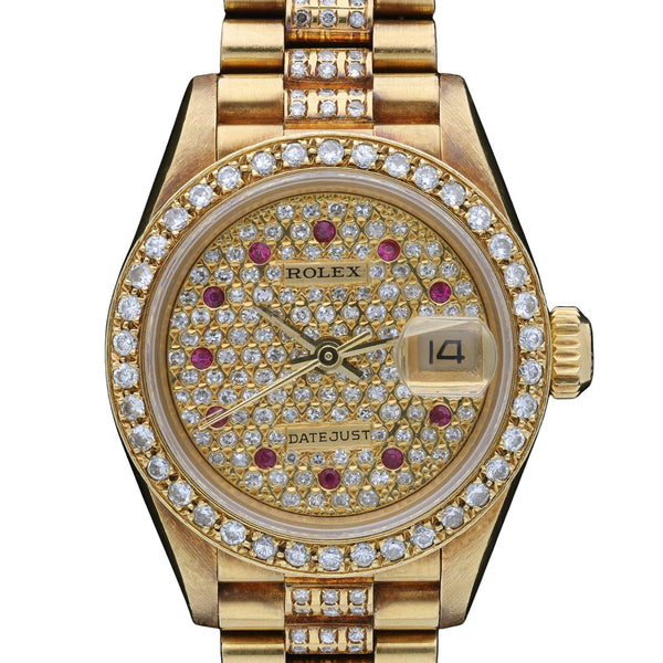 Rolex Lady Datejust 26mm 18K Yellow Gold Diamond Ruby Pave Dial President Watch