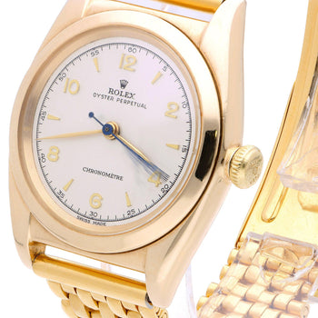 Rolex OP 3131 Bubbleback 18K Gold 31mm Chronometre White Arabic Dial Watch – Assay Jewelers