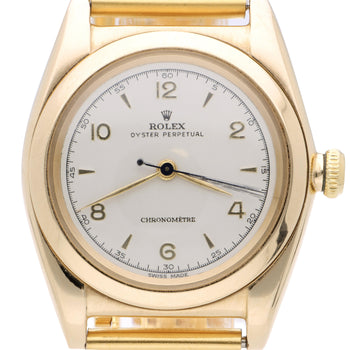 Rolex OP 3131 Bubbleback 18K Gold 31mm Chronometre White Arabic Dial Watch – Assay Jewelers