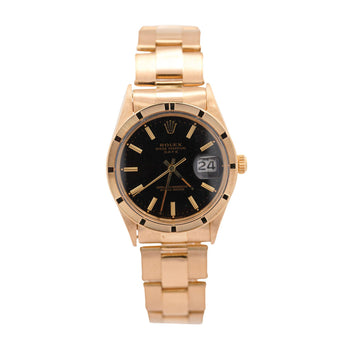 Rolex OP Date 1501 34mm 18K Gold Black Gloss Dial Watch – Assay Jewelers