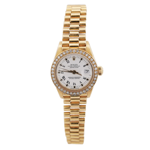 Rolex OP DateJust Presidential White Face 26mm Diamond Bezel 18K Gold Watch