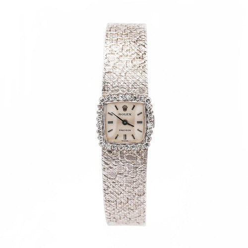 Rolex Precision 18K White Gold 18mm Diamond Bezel Watch