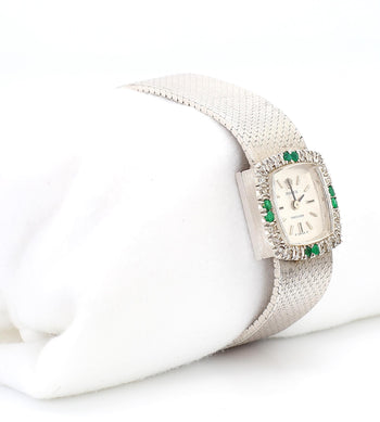 Rolex Precision Emerald & Diamond Bezel 18K White Gold Frosted Bracelet Watch – Assay Jewelers
