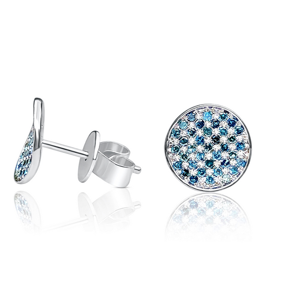 Round Blue Diamond Cluster Disc Stud Earrings in 18k White Gold