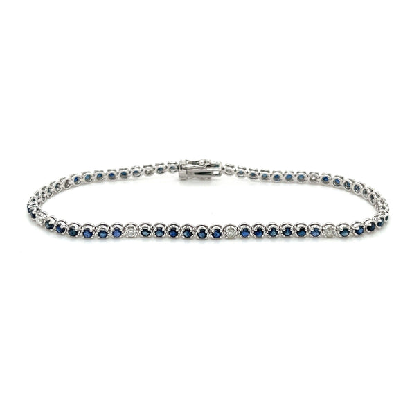 Round Cut Blue Sapphire & Diamond Prong Set Tennis Bracelet in 14K White Gold