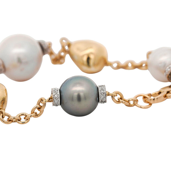 South Sea and Akoya Pearl With Gold Beads 18K Gold Station Bracelet