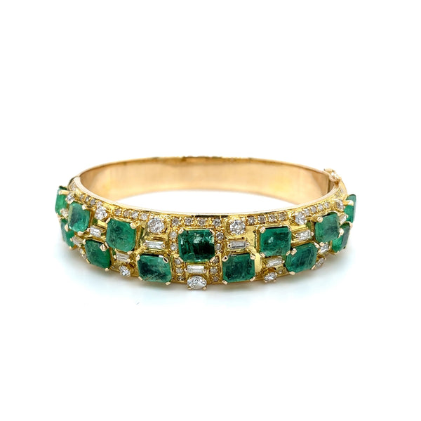 Square Cut Emerald and Baguette Diamond Bangle in 14k Yellow Gold
