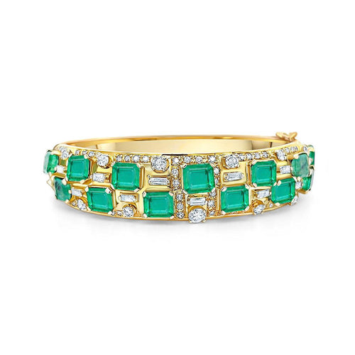 Square Cut Emerald and Baguette Diamond Bangle in 18k Yellow Gold