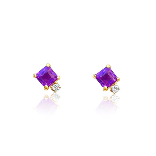 Square Purple Amethyst and Diamond Stud Earrings in 14k gold setting