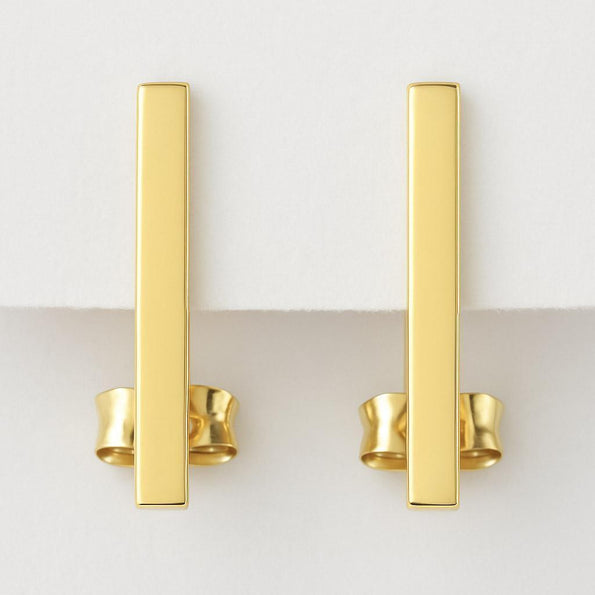 Thin 14K Gold Bar 10mm Stud Earrings On Push Backs