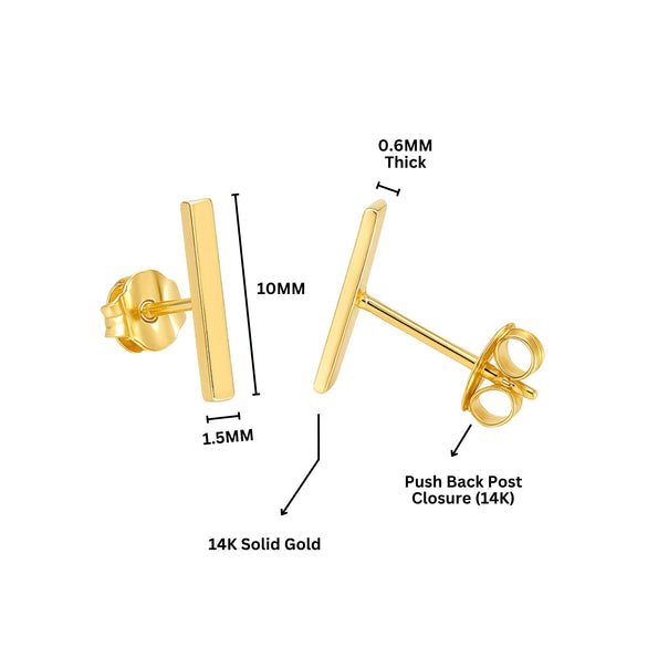 Thin 14K Gold Bar 10mm Stud Earrings On Push Backs