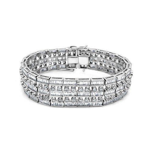 Unisex 18k Solid White Gold Baguette and Round Cut Natural Diamond 5-Row Multi Link Bracelet