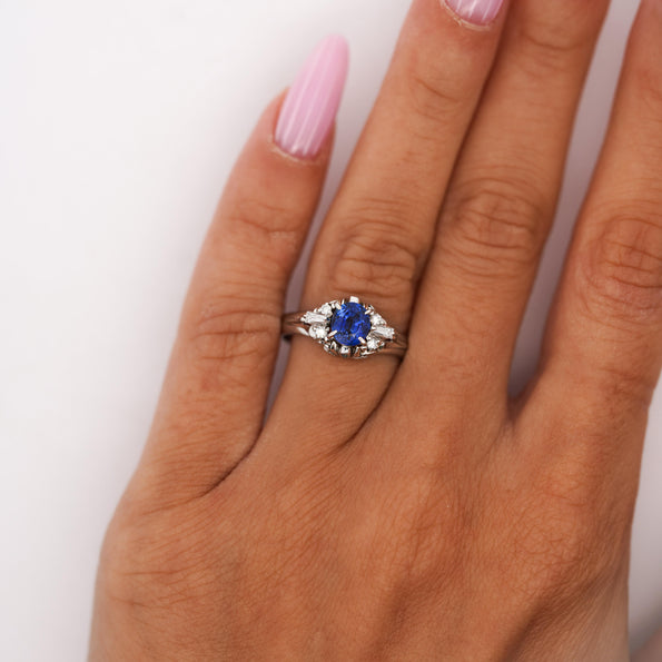 Vintage 0.97 Carat Oval Blue Sapphire & Diamond Filigree in Platinum Floral Ring