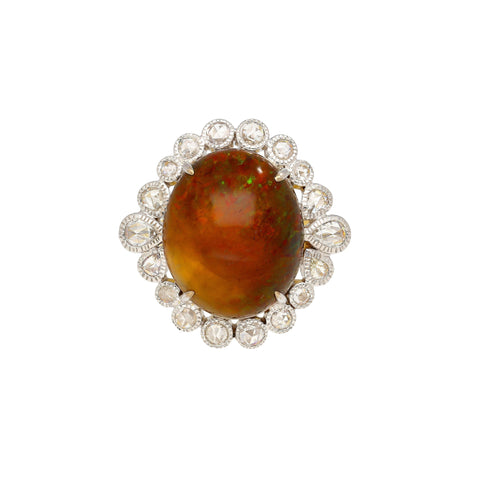 Vintage 11.36 Carat Opal and Briolette/Rose Cut Diamond Halo 18K Gold Ring