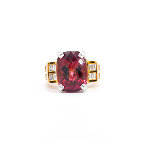 Vintage 13.50 Carat GIA Certified Purplish-Pink Tourmaline and Diamond 18K and Platinum Ring
