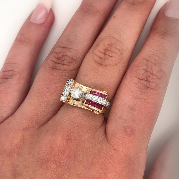 Vintage 14k Gold Retro Style Old Euro Cut Diamond and Baguette Cut Ruby Ring