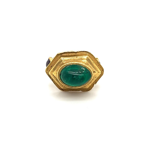 Vintage 22K Gold Egyptian Revival Cabochon Cut Emerald and Garnet Ring