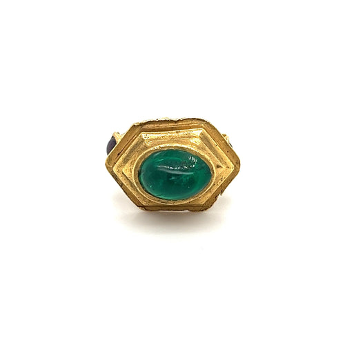 Vintage 22K Gold Egyptian Revival Cabochon Cut Emerald and Garnet Ring