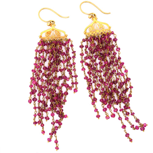 Vintage 22K Gold Pink Tourmaline Bead Indian Chandelier Drop Earrings