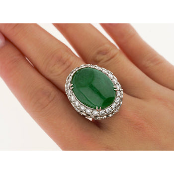 Vintage 24 Carat Oval Cabochon Jade and Round Diamond Floral Pattern Ring – Assay Jewelers