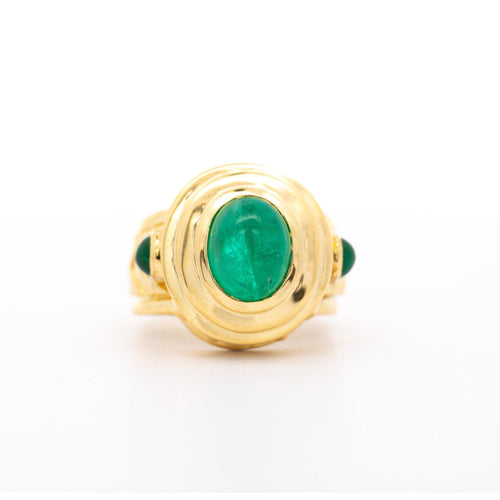 Vintage 3 Carat Cabochon Cut Colombian Emerald Bezel in 20K Yellow Gold Ring