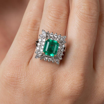 Vintage 3.31 Carat Minor Oil Colombian Emerald and Diamond Cluster Ring in Platinum – Assay Jewelers