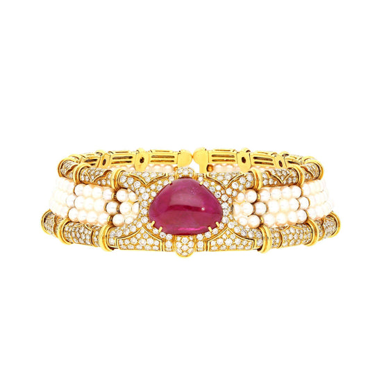 Vintage 45 Carat No Heat Ruby, Diamond, and Pearl Cuff Choker Necklace