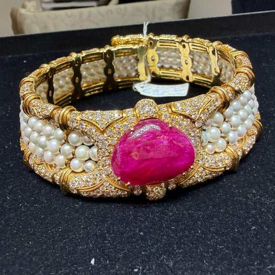 Vintage 45 Carat No Heat Ruby, Diamond, and Pearl Cuff Choker Necklace