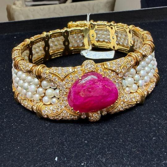 Vintage 45 Carat No Heat Ruby, Diamond, and Pearl Cuff Choker Necklace
