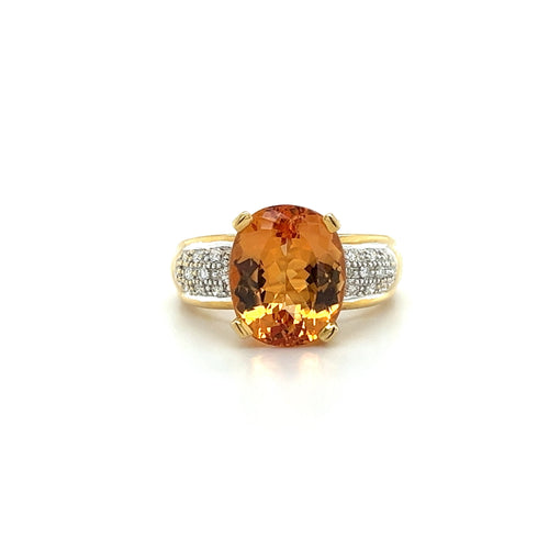 Vintage 6 Carat Oval Cut Orange Topaz and Round Cut Diamond Ring in 18K Solid Gold