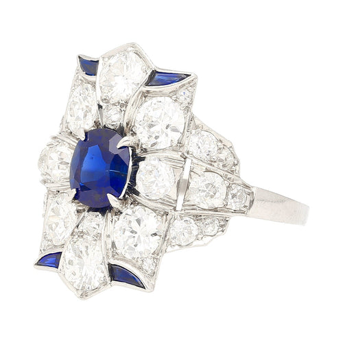 Vintage AGL Certified No Heat Blue Sapphire and Old Euro Cut Diamond Ring in Platinum