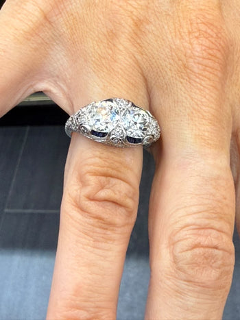 Vintage Art Deco 3 Carat Old Mine Cut Two Stone Double Diamond and Blue Sapphire Platinum Ring – Assay Jewelers