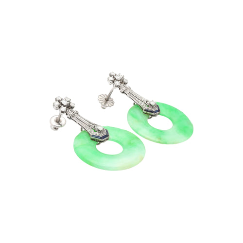 Vintage Art Deco Jadeite Jade, Diamond & Sapphire Drop Earrings in 14K