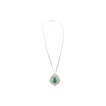 Vintage Art Nouveau Style Carved 18K White Gold Pendant Necklace With Shield Cut Emerald and Diamond Side Stones – Assay Jewelers