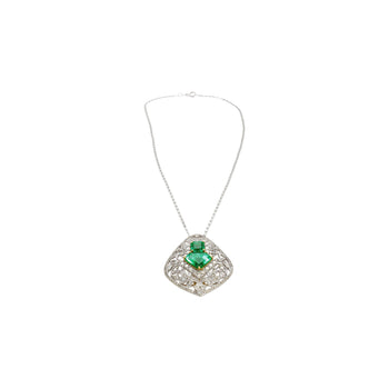 Vintage Art Nouveau Style Carved 18K White Gold Pendant Necklace With Shield Cut Emerald and Diamond Side Stones – Assay Jewelers