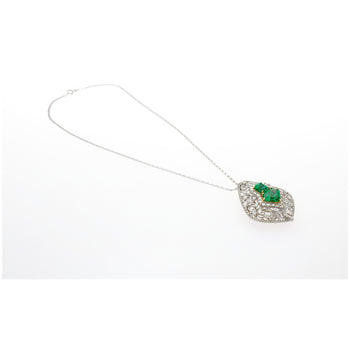 Vintage Art Nouveau Style Carved 18K White Gold Pendant Necklace With Shield Cut Emerald and Diamond Side Stones – Assay Jewelers