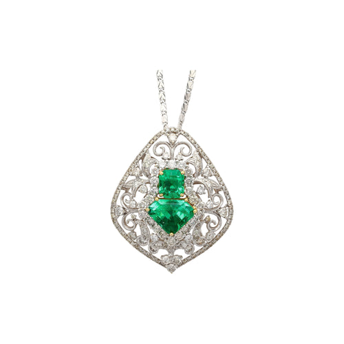 Vintage Art Nouveau Style Carved 18K White Gold Pendant Necklace With Shield Cut Emerald and Diamond Side Stones