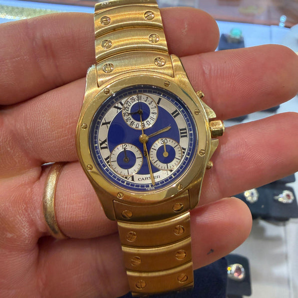 Vintage Cartier Ronde Blue Chronograph 18K Gold 30mm Watch