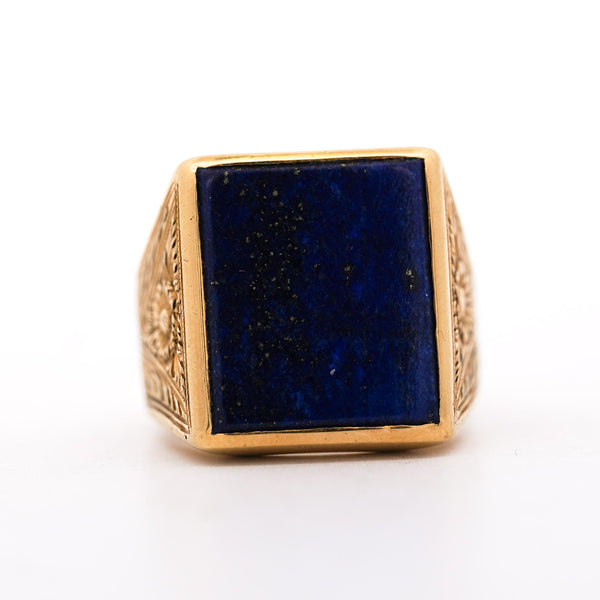 Vintage Lapis Lazuli 18K Gold Floral Engraved Square Mens Signet Ring