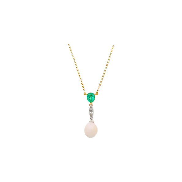 Vintage Natural Saltwater Conch Pearl & Emerald Drop 18K Gold Pendant Necklace