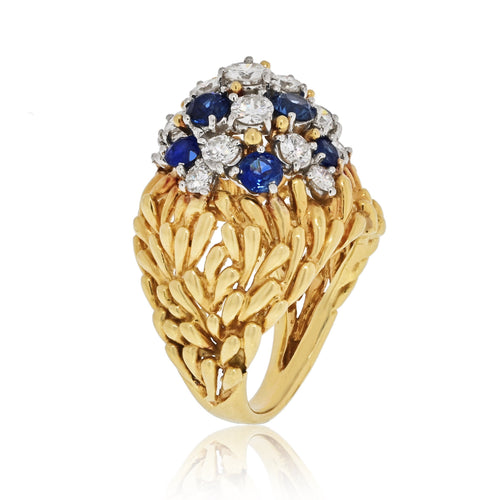 Vintage Round Cut White Diamond and Blue Sapphire Cluster Ring