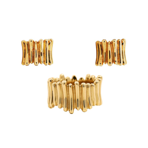 Vintage Tiffany & Co. Ribbed 18K Gold Ring & Earring Jewelry Set