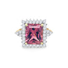 Vivid Pink 7 Carat Radiant Cut Tourmaline Ring with Round Diamond Halo in 18K Gold