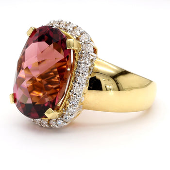 18.75 Carat Cushion Cut Pink Tourmaline & Diamond Halo Set 18K Yellow Gold Ring – Assay Jewelers
