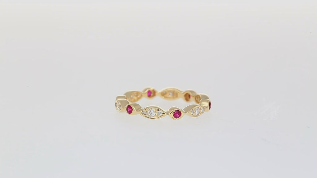 14K Gold Ruby and Diamond Bezel Stack Band 3MM Wavy Ring