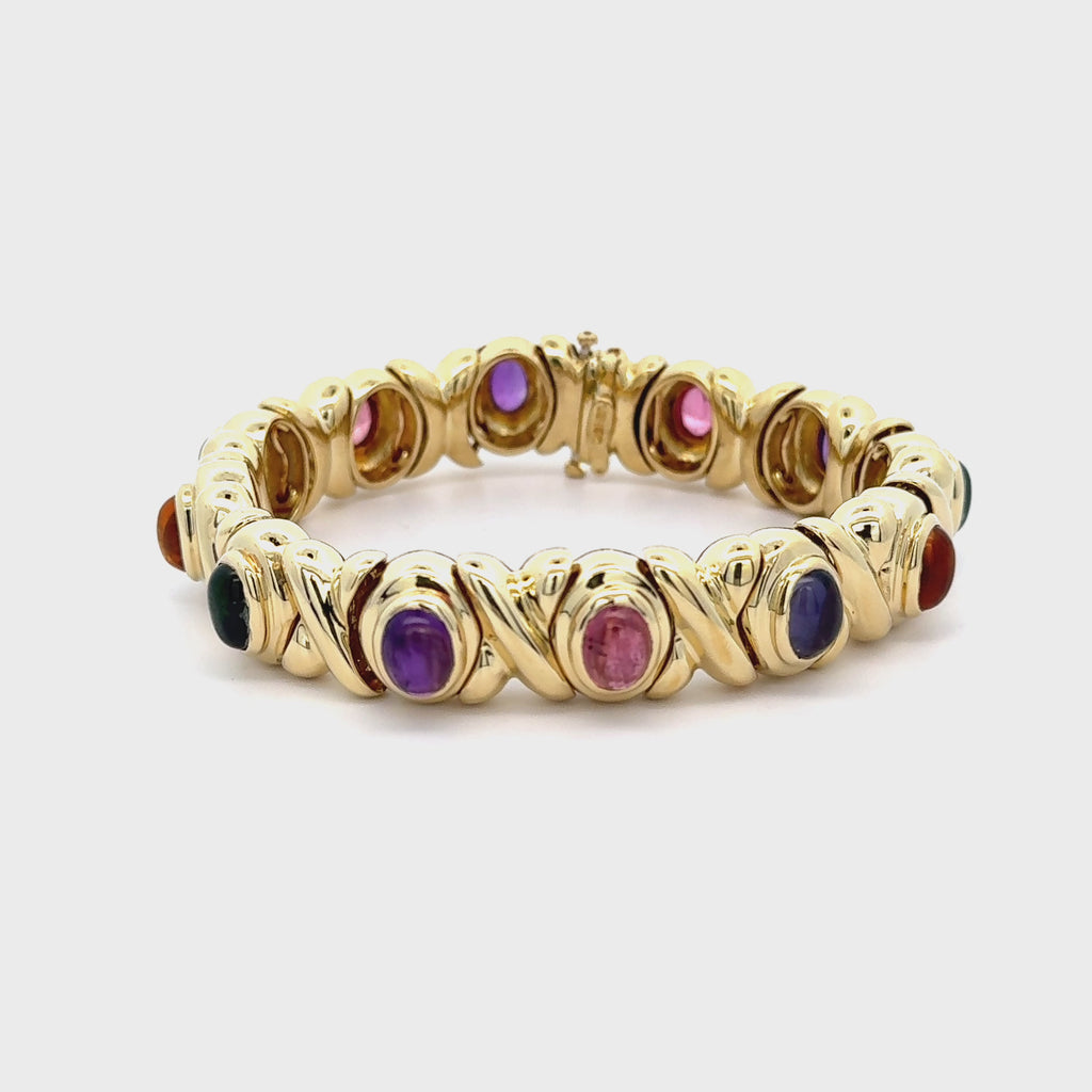 18K Gold Multi Color Gemstone Vintage Estate X Bezel Bracelet