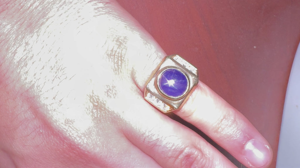GIA Certified 7.6 Carat Color Change Star Sapphire & Diamond 14K Gold Men's Ring