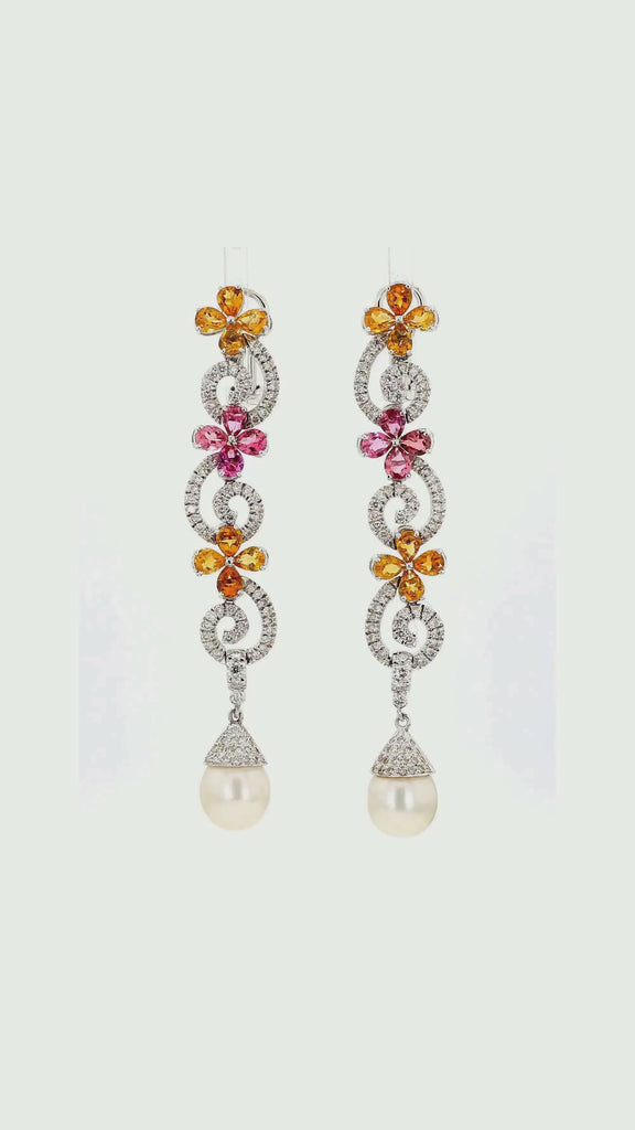 Greek 18K White Gold Diamond Pink Tourmaline Yellow Garnet Pearl Drop Earrings